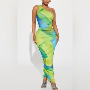Lola Mesh Vibrant Green and Blue Maxi Dress